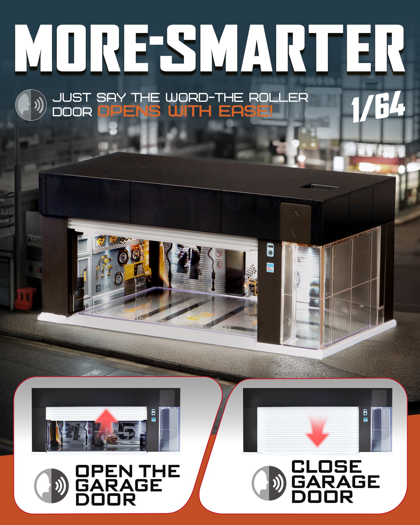 Joycrown 1/64 Scale Diecast Display Case for Hot Wheel Storage with LED Lights, Stackable Electric Garage with Voice Control, 3 Replaceable 3D Scenes Parking Lot Diorama for Model Cars