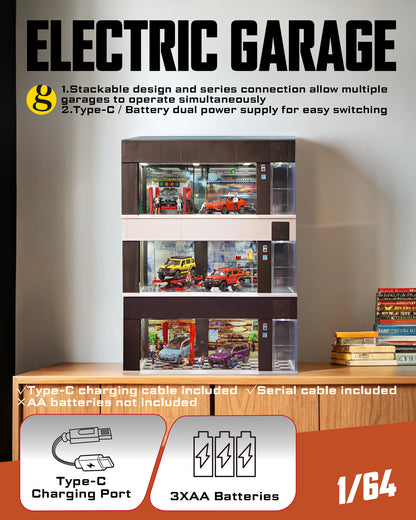 Joycrown 1/64 Scale Diecast Display Case for Hot Wheel Storage with LED Lights, Stackable Electric Garage with Voice Control, 3 Replaceable 3D Scenes Parking Lot Diorama for Model Cars
