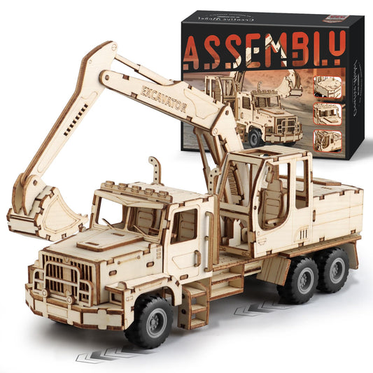 3D Wooden Puzzle for Adults, Excavator Wooden Mechanical Model Car Kits to Build, Brain Teaser Pull Back Truck Toys Birthday for Men Women (Excavator)