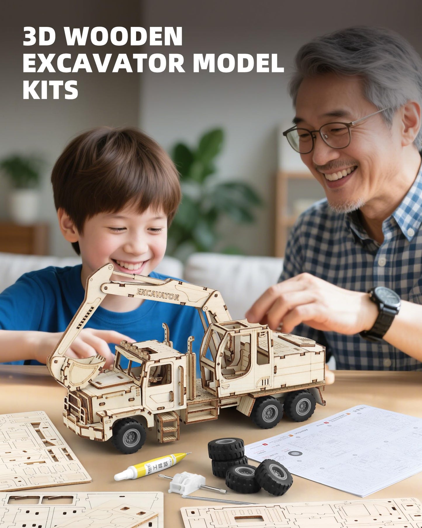 3D Wooden Puzzle for Adults, Excavator Wooden Mechanical Model Car Kits to Build, Brain Teaser Pull Back Truck Toys Birthday for Men Women (Excavator)