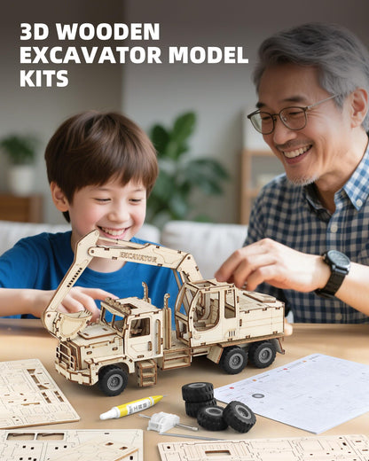 3D Wooden Puzzle for Adults, Excavator Wooden Mechanical Model Car Kits to Build, Brain Teaser Pull Back Truck Toys Birthday for Men Women (Excavator)