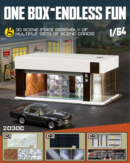 Joycrown 1/64 Scale Diecast Display Case for Hot Wheel Storage with LED Lights, Stackable Electric Garage with Voice Control, 3 Replaceable 3D Scenes Parking Lot Diorama for Model Cars