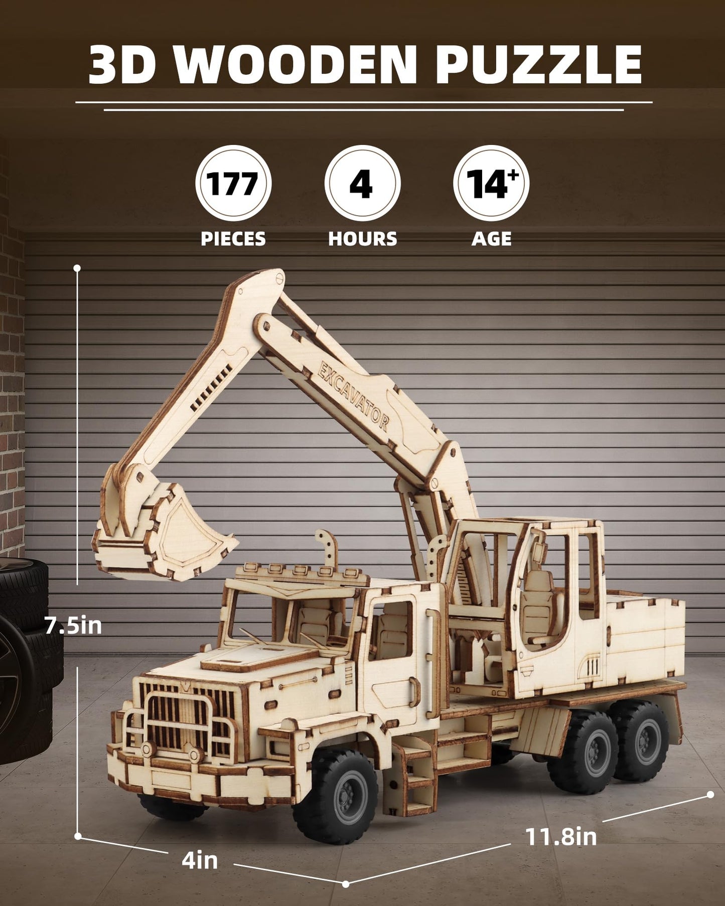 3D Wooden Puzzle for Adults, Excavator Wooden Mechanical Model Car Kits to Build, Brain Teaser Pull Back Truck Toys Birthday for Men Women (Excavator)