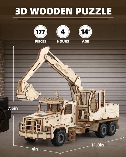 3D Wooden Puzzle for Adults, Excavator Wooden Mechanical Model Car Kits to Build, Brain Teaser Pull Back Truck Toys Birthday for Men Women (Excavator)