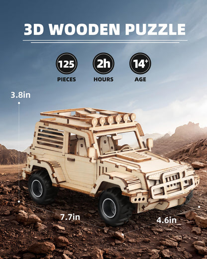 3D Wooden Puzzle Off-Road Car for Adults, Brain Teaser 3D Puzzles for Kids and Adults to Build, 125pcs Wood Craft Pull Back Truck Cars, Christmas Birthday Gift for Teens Men Women