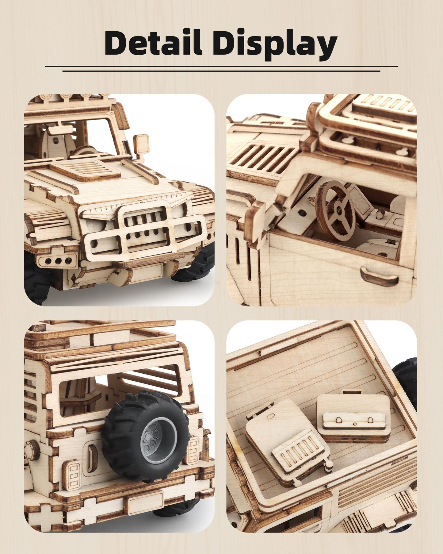 3D Wooden Puzzle Off-Road Car for Adults, Brain Teaser 3D Puzzles for Kids and Adults to Build, 125pcs Wood Craft Pull Back Truck Cars, Christmas Birthday Gift for Teens Men Women